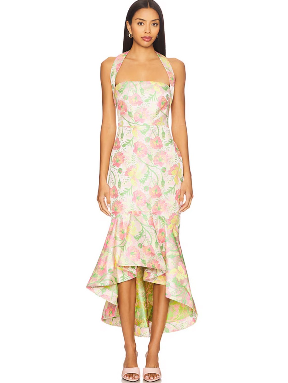 Lovers + Friends Ivy Pink Green Floral Halter High-Low Maxi Dress